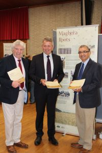 L to R James Armour, Chair Heritage & Cultural Centre, Barclay Bell, President Ulster Farmers' Union, Mukesh Sharma, Committee Member Heritage Lottery Fund NI   